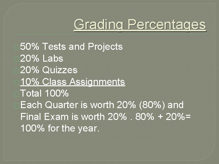 Grading Percentages � 50% Tests and Projects � 20% Labs � 20% Quizzes �
