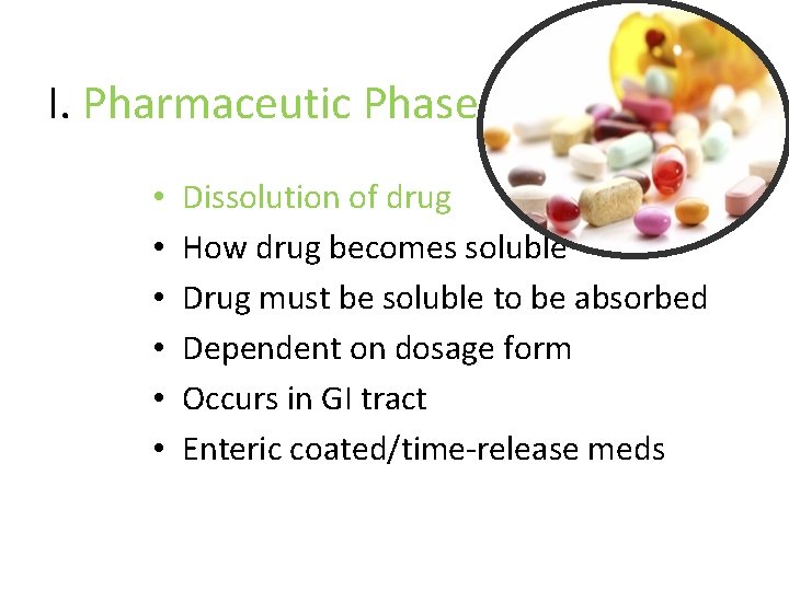 I. Pharmaceutic Phase • • • Dissolution of drug How drug becomes soluble Drug