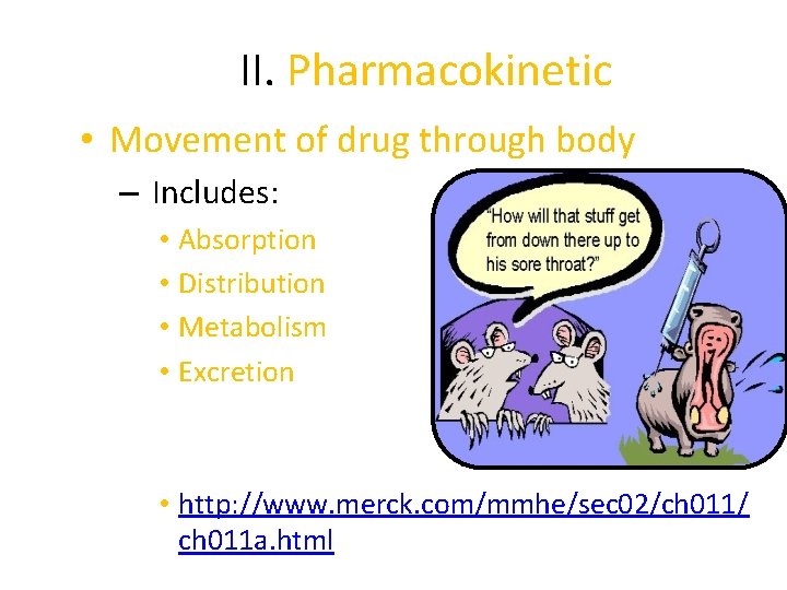 II. Pharmacokinetic • Movement of drug through body – Includes: • Absorption • Distribution