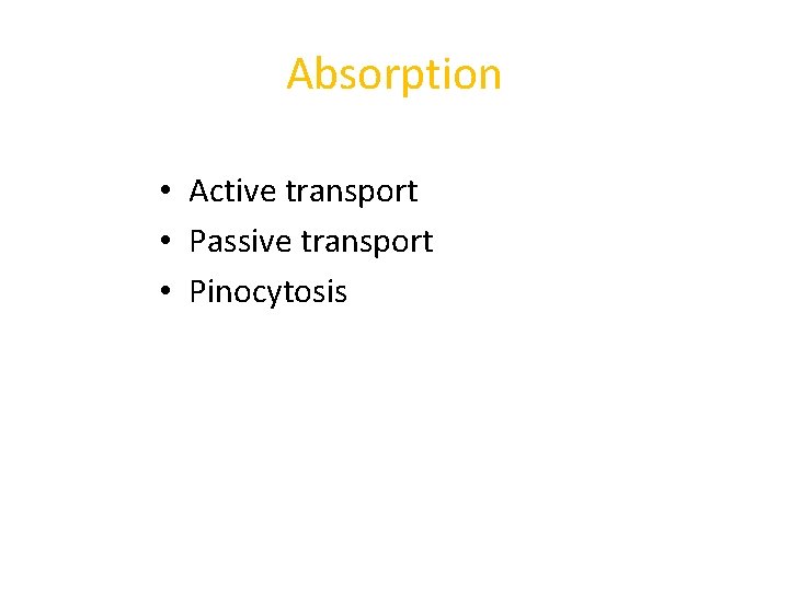 Absorption • Active transport • Passive transport • Pinocytosis 