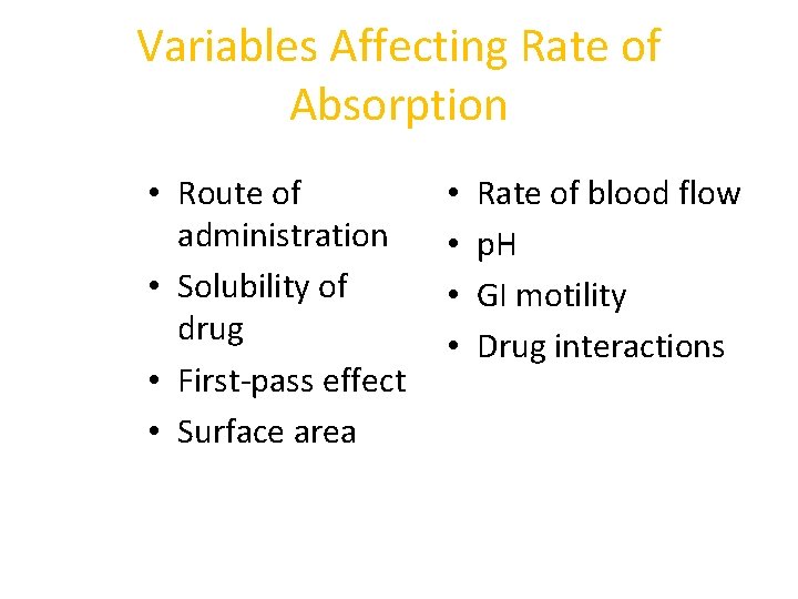 Variables Affecting Rate of Absorption • Route of administration • Solubility of drug •