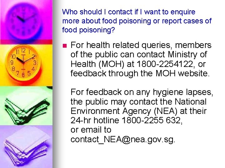 Who should I contact if I want to enquire more about food poisoning or