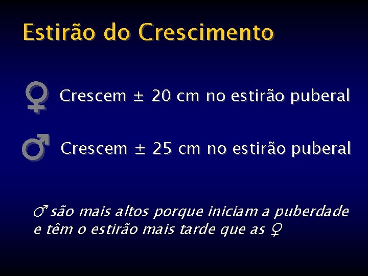 Estirão do Crescimento ♀ Crescem ± 20 cm no estirão puberal ♂ Crescem ±