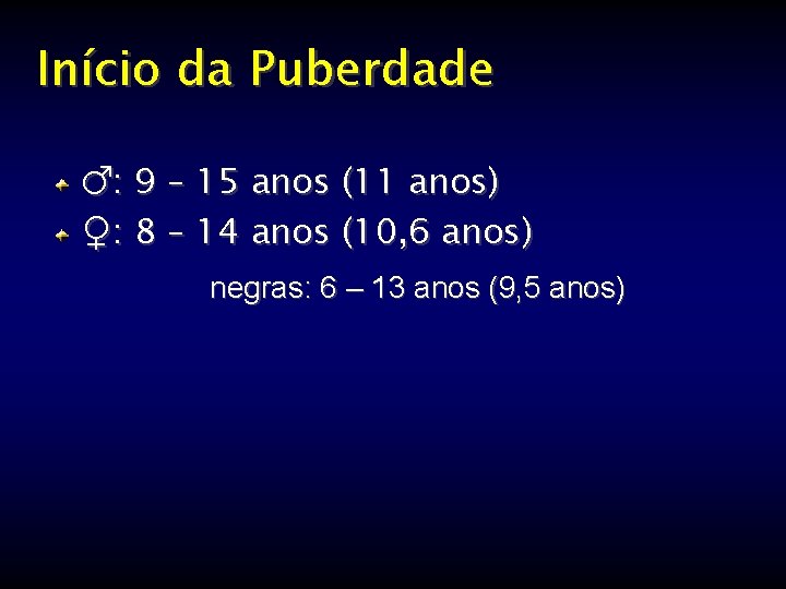 Início da Puberdade ♂: 9 – 15 anos (11 anos) ♀: 8 – 14