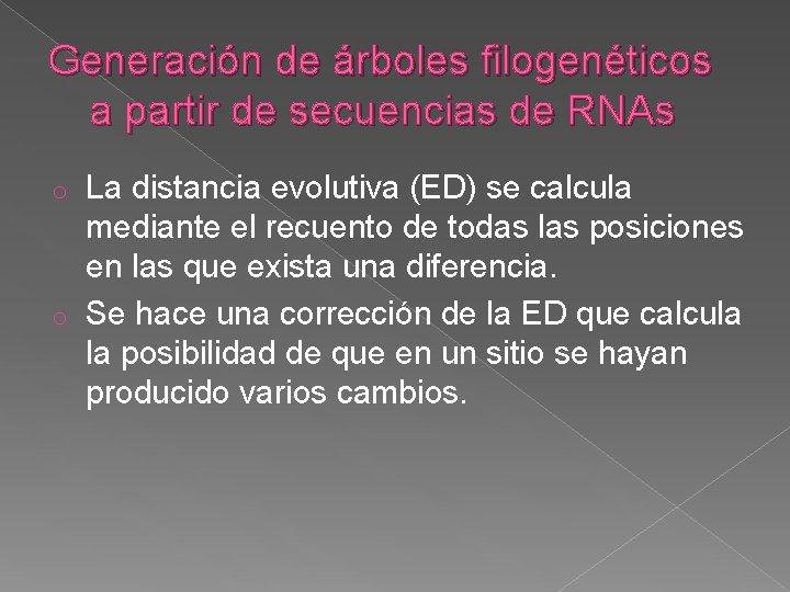 Generación de árboles filogenéticos a partir de secuencias de RNAs La distancia evolutiva (ED)