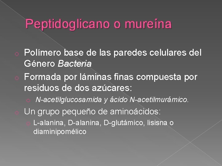 Peptidoglicano o mureína Polímero base de las paredes celulares del Género Bacteria o Formada