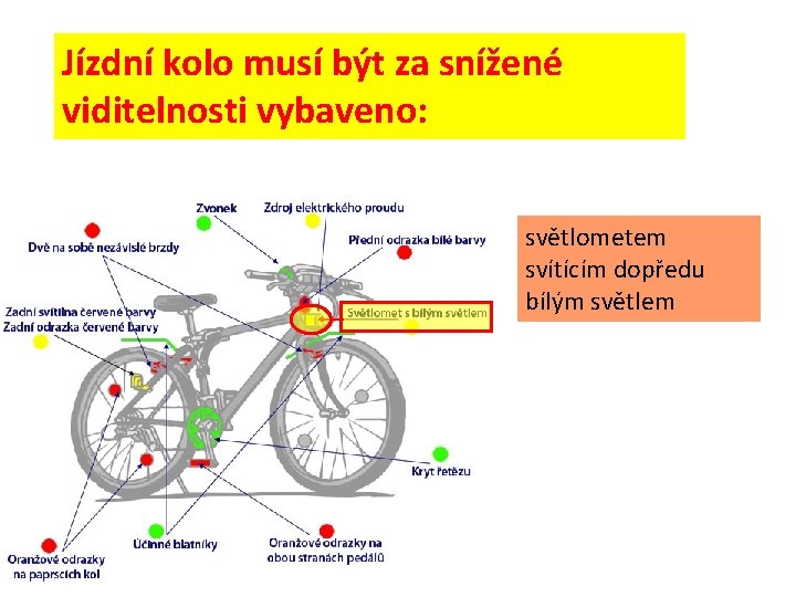 Jízdní kolo musí být za snížené viditelnosti vybaveno: světlometem svítícím dopředu bílým světlem 