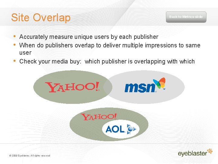 Site Overlap • • • Back to Metrics slide Accurately measure unique users by