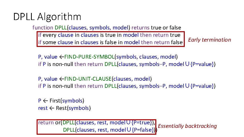 DPLL Algorithm function DPLL(clauses, symbols, model) returns true or false if every clause in
