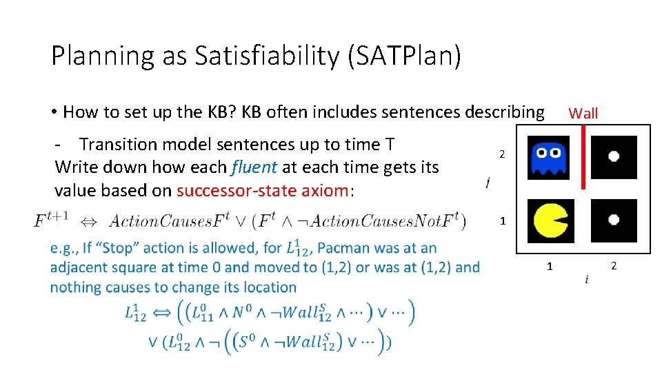 Planning as Satisfiability (SATPlan) • How to set up the KB? KB often includes