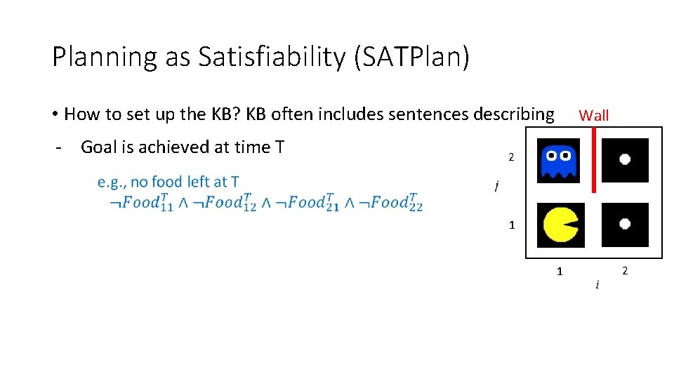 Planning as Satisfiability (SATPlan) • How to set up the KB? KB often includes