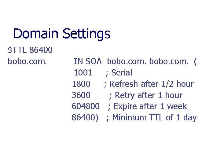 Domain Settings $TTL 86400 bobo. com. IN SOA bobo. com. ( 1001 ; Serial