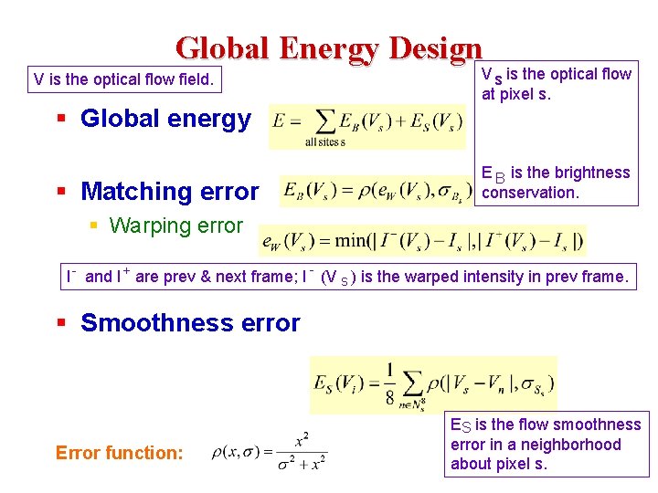 Global Energy Design V s is the optical flow at pixel s. V is