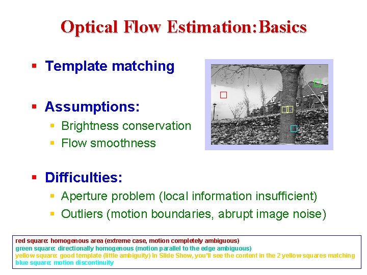 Optical Flow Estimation: Basics § Template matching § Assumptions: § Brightness conservation § Flow