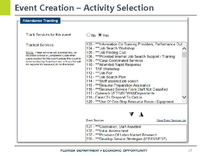 Event Creation – Activity Selection 17 