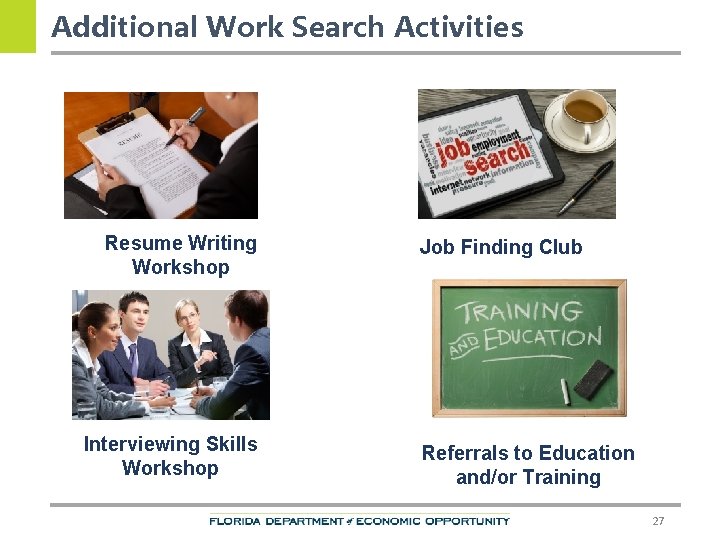 Additional Work Search Activities Resume Writing Workshop Interviewing Skills Workshop Job Finding Club Referrals