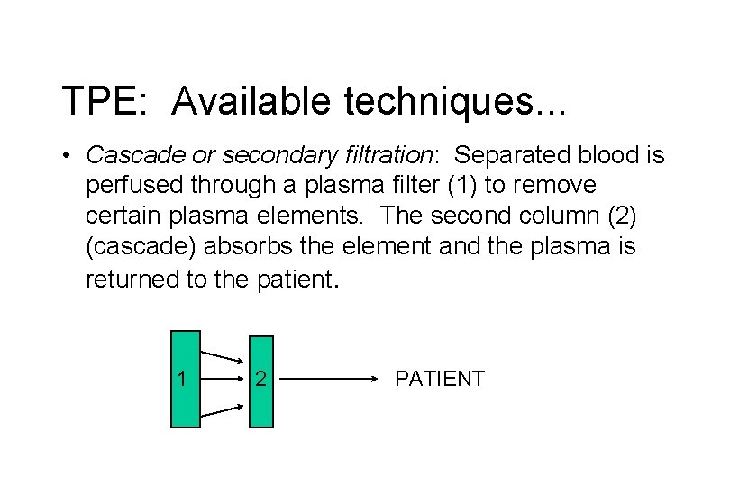 TPE: Available techniques. . . • Cascade or secondary filtration: Separated blood is perfused
