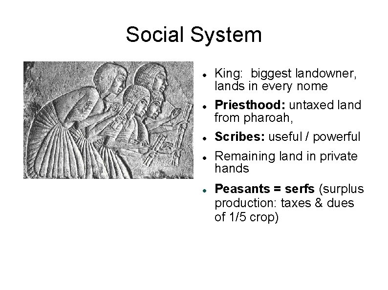 Social System King: biggest landowner, lands in every nome Priesthood: untaxed land from pharoah,