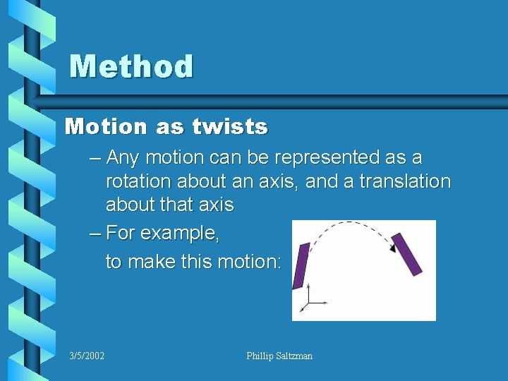 Method Motion as twists – Any motion can be represented as a rotation about