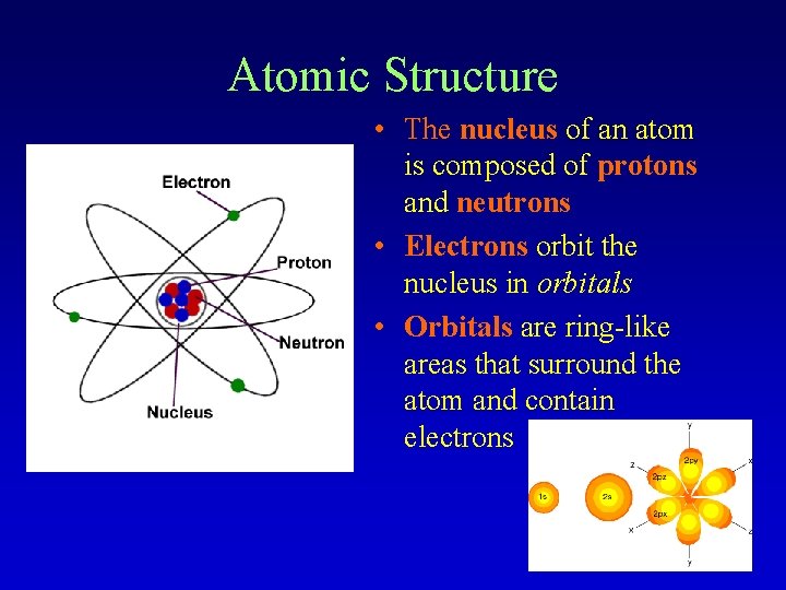 Atomic Structure • The nucleus of an atom is composed of protons and neutrons