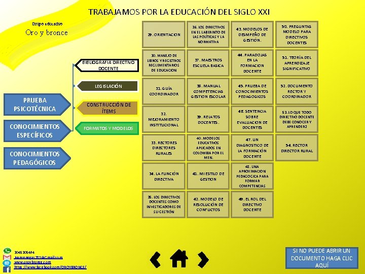 TRABAJAMOS POR LA EDUCACIÓN DEL SIGLO XXI Grupo educativo Oro y bronce BIBLIOGRAFÍA DIRECTIVO