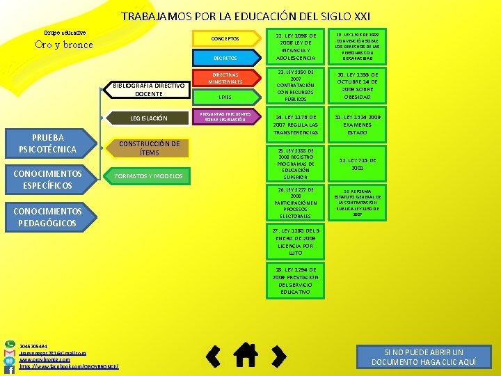 TRABAJAMOS POR LA EDUCACIÓN DEL SIGLO XXI Grupo educativo CONCEPTOS Oro y bronce DECRETOS