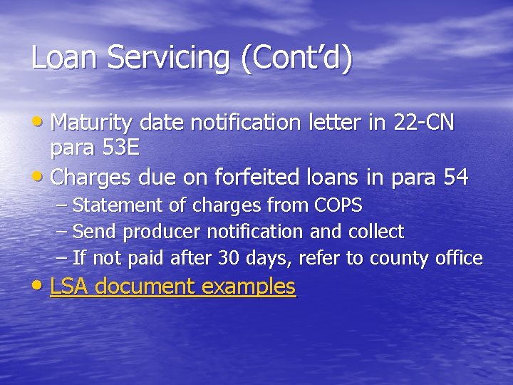 Loan Servicing (Cont’d) • Maturity date notification letter in 22 -CN para 53 E