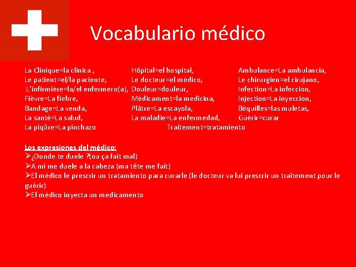 Vocabulario médico La Clinique=la clinica , Le patient=el/la paciente, L’infirmière=la/el enfermero(a), Fièvre=La fiebre, Bandage=La