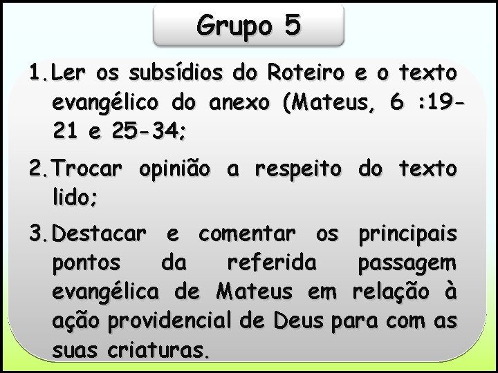 Grupo 5 1. Ler os subsídios do Roteiro e o texto evangélico do anexo