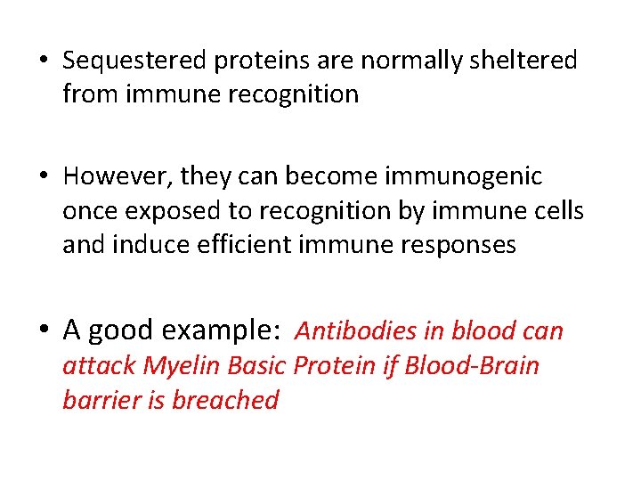  • Sequestered proteins are normally sheltered from immune recognition • However, they can