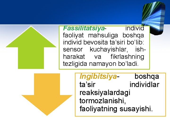 Fassilitatsiyaindivid faoliyat mahsuliga boshqa individ bevosita ta’siri bo’lib: sensor kuchayishlar, ishharakat va fikrlashning tezligida