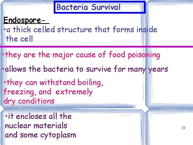 Bacteria Survival Endospore • a thick celled structure that forms inside the cell •