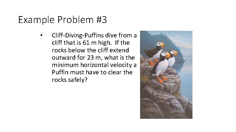 Example Problem #3 • Cliff-Diving-Puffins dive from a cliff that is 61 m high. Example Problem #3 • Cliff-Diving-Puffins dive from a cliff that is 61 m high.