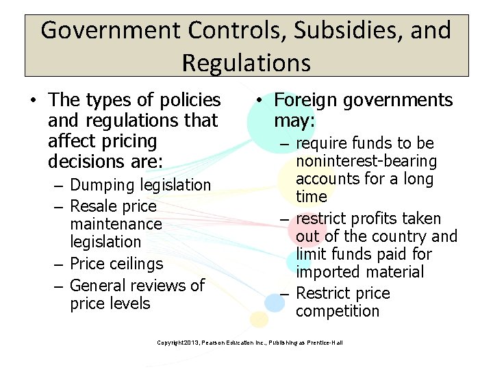 Government Controls, Subsidies, and Regulations • The types of policies and regulations that affect