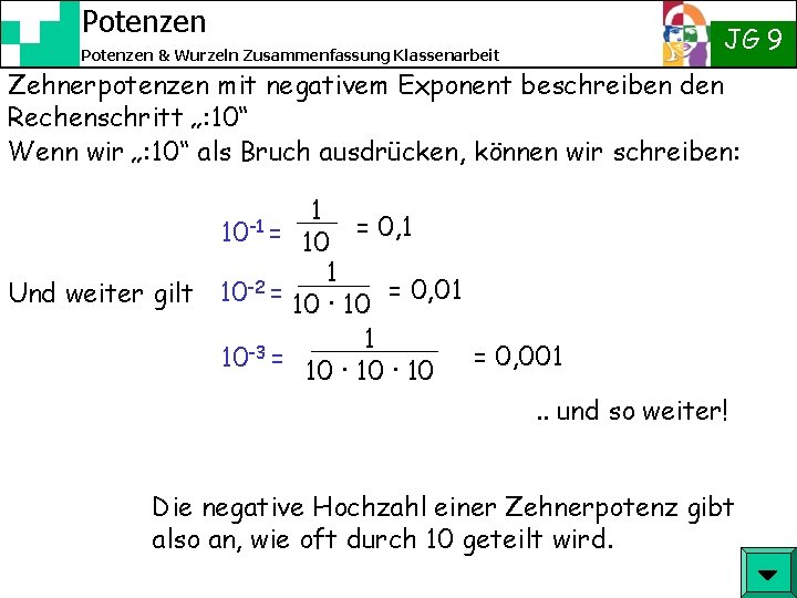 Potenzen & Wurzeln Zusammenfassung Klassenarbeit JG 9 Zehnerpotenzen mit negativem Exponent beschreiben den Rechenschritt