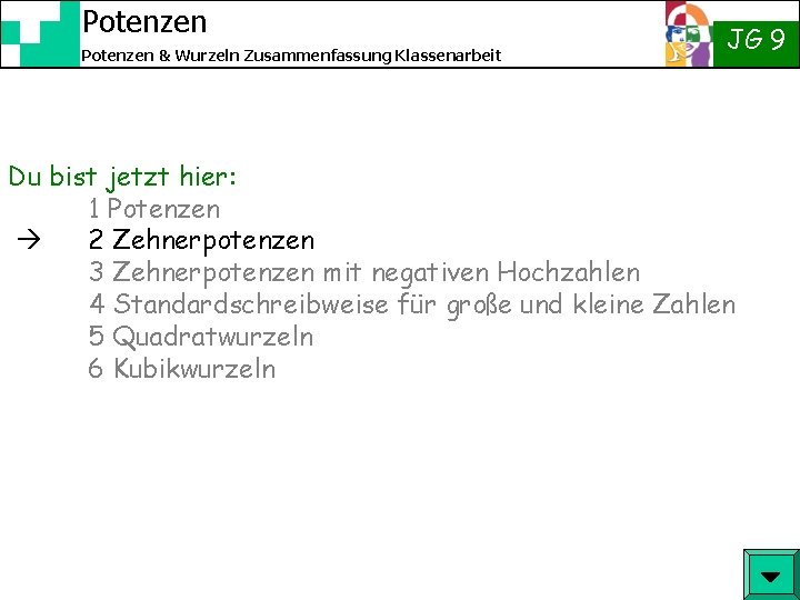 Potenzen & Wurzeln Zusammenfassung Klassenarbeit JG 9 Du bist jetzt hier: 1 Potenzen 2