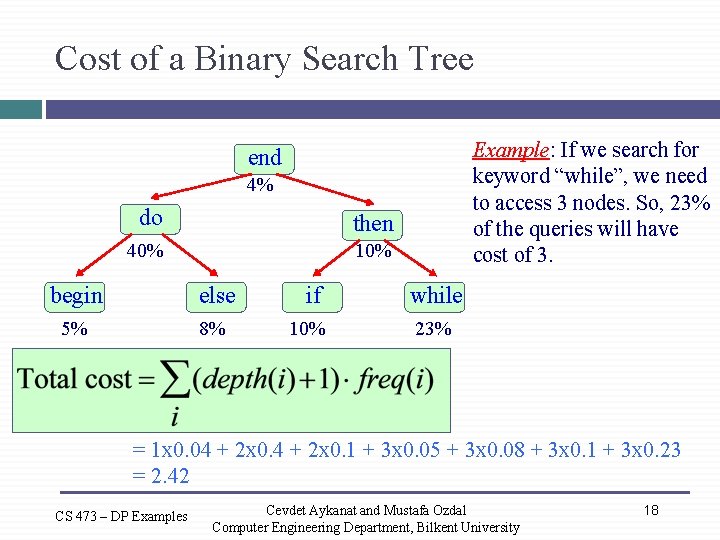 Cost of a Binary Search Tree Example: If we search for keyword “while”, we