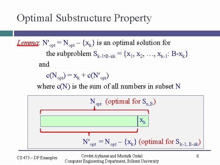 Optimal Substructure Property Lemma: Nʹopt = Nopt – {xk} is an optimal solution for
