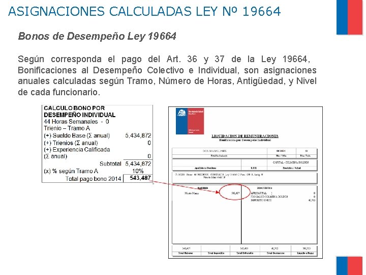 ASIGNACIONES CALCULADAS LEY Nº 19664 Bonos de Desempeño Ley 19664 Según corresponda el pago