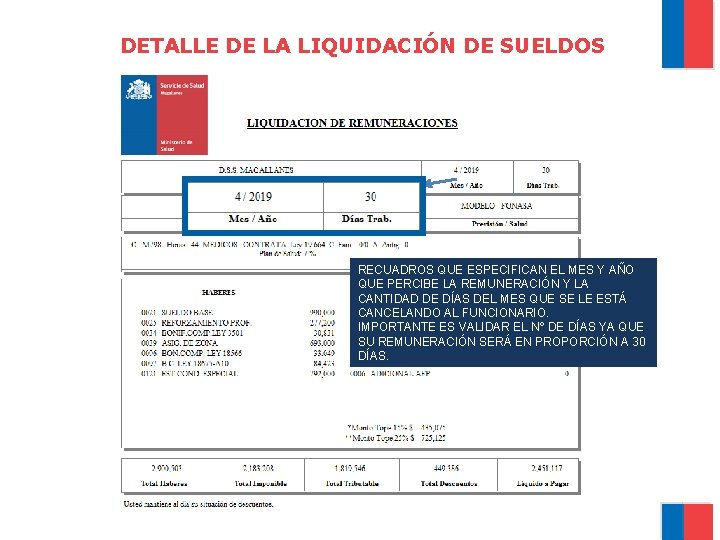 DETALLE DE LA LIQUIDACIÓN DE SUELDOS RECUADROS QUE ESPECIFICAN EL MES Y AÑO QUE