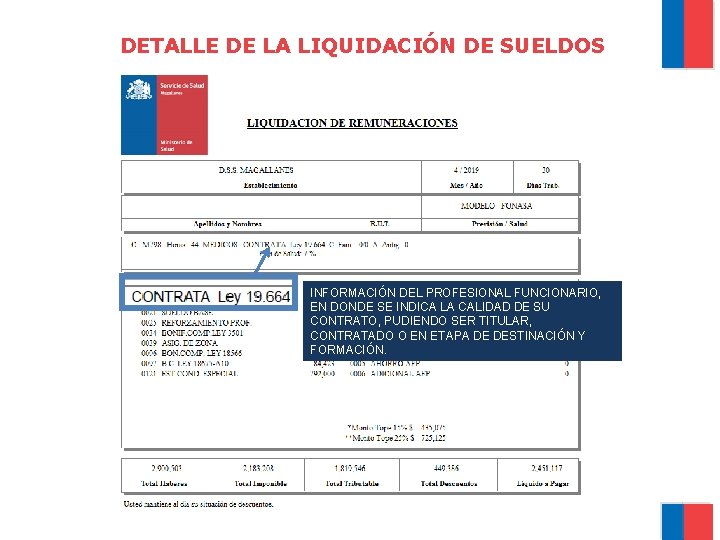 DETALLE DE LA LIQUIDACIÓN DE SUELDOS INFORMACIÓN DEL PROFESIONAL FUNCIONARIO, EN DONDE SE INDICA