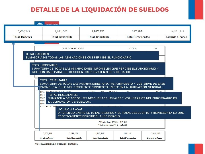 DETALLE DE LA LIQUIDACIÓN DE SUELDOS TOTAL HABERES SUMATORIA DE TODAS LAS ASIGNACIONES QUE