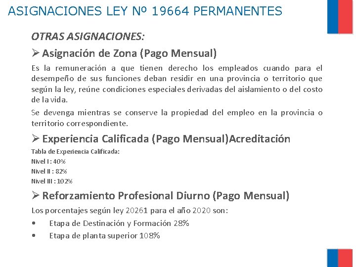 ASIGNACIONES LEY Nº 19664 PERMANENTES OTRAS ASIGNACIONES: Ø Asignación de Zona (Pago Mensual) Es