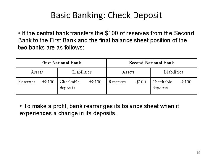 Basic Banking: Check Deposit • If the central bank transfers the $100 of reserves