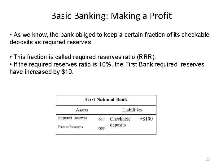 Basic Banking: Making a Profit • As we know, the bank obliged to keep