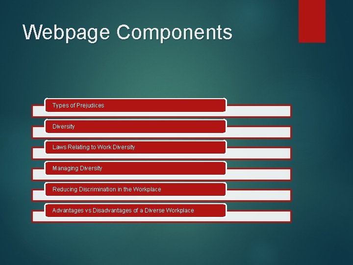 Webpage Components Types of Prejudices Diversity Laws Relating to Work Diversity Managing Diversity Reducing