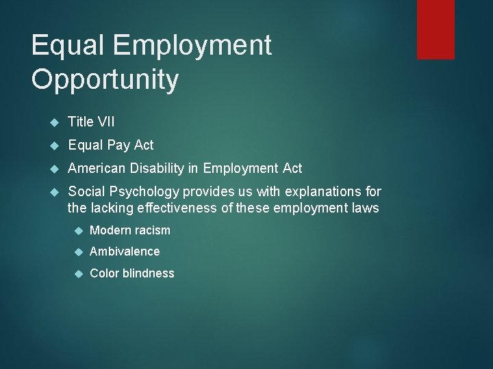Equal Employment Opportunity Title VII Equal Pay Act American Disability in Employment Act Social