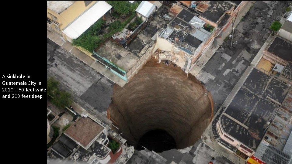 A sinkhole in Guatemala City in 2010 - 60 feet wide and 200 feet