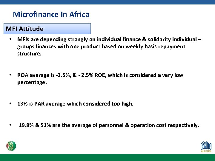 Microfinance In Africa MFI Attitude • MFIs are depending strongly on individual finance &