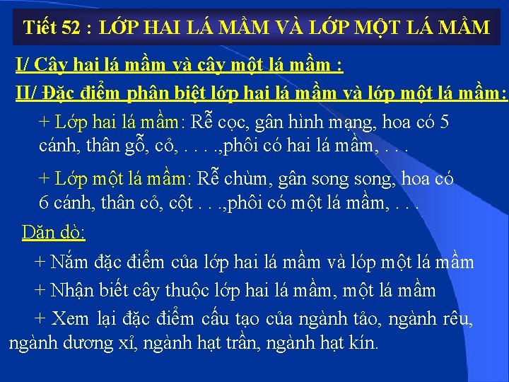 Tiết 52 : LỚP HAI LÁ MẦM VÀ LỚP MỘT LÁ MẦM I/ Cây